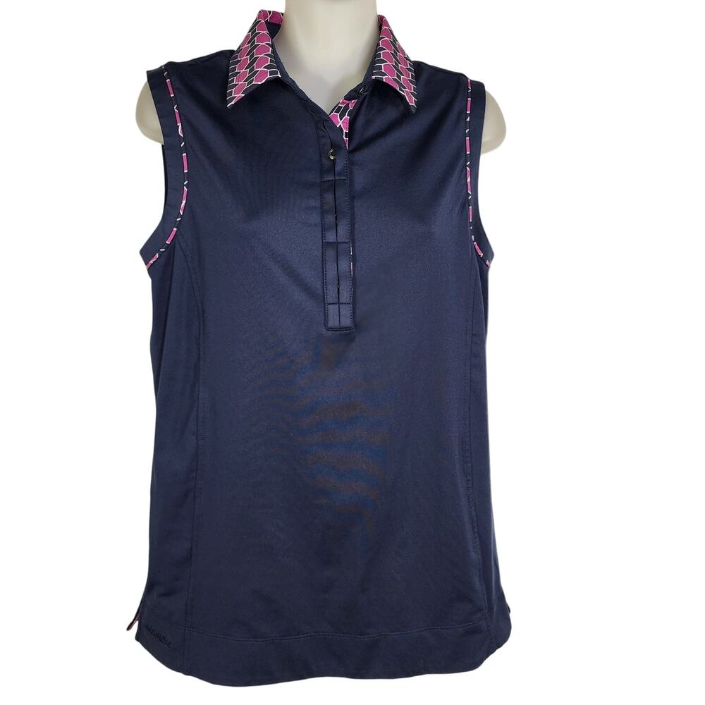 Chase 54 Womens Polo Shirt Medium Blue Sleeveless Geometric Collar Golf Tennis